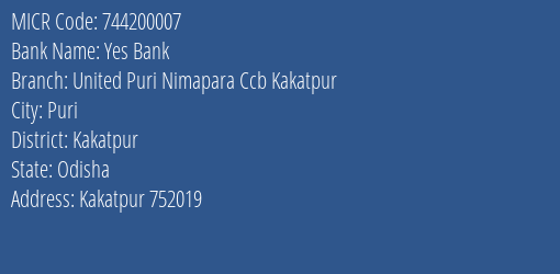United Puri Nimapara Central Cooperative Bank Kakatpur MICR Code