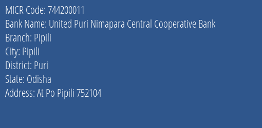 United Puri Nimapara Central Cooperative Bank Pipili MICR Code