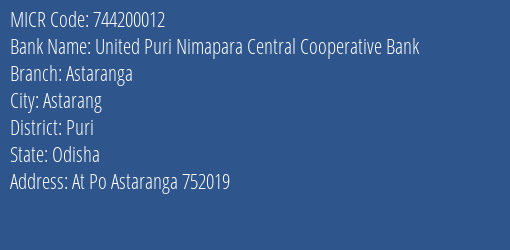 United Puri Nimapara Central Cooperative Bank Astaranga MICR Code