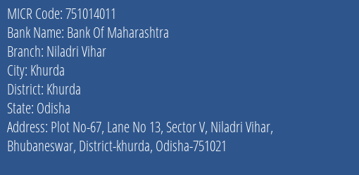 Bank Of Maharashtra Niladri Vihar MICR Code