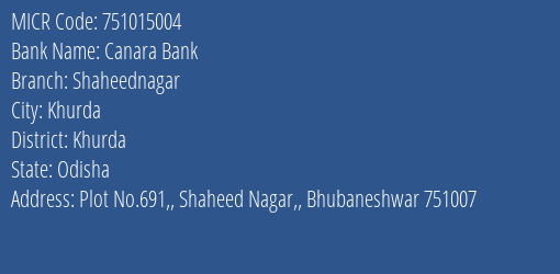 Canara Bank Shaheednagar MICR Code