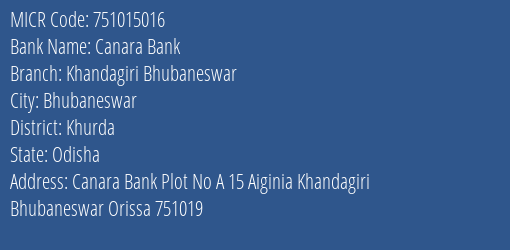 Canara Bank Khandagiri Bhubaneswar MICR Code