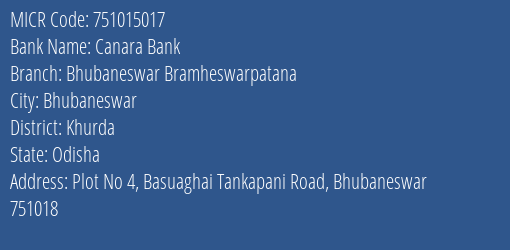 Canara Bank Bhubaneswar Bramheswarpatana MICR Code