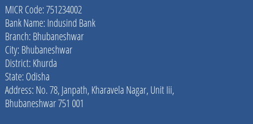 Indusind Bank Bhubaneshwar MICR Code