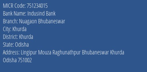 Indusind Bank Nuagaon Bhubaneswar MICR Code