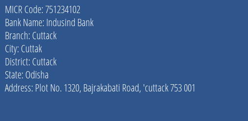 Indusind Bank Cuttack MICR Code