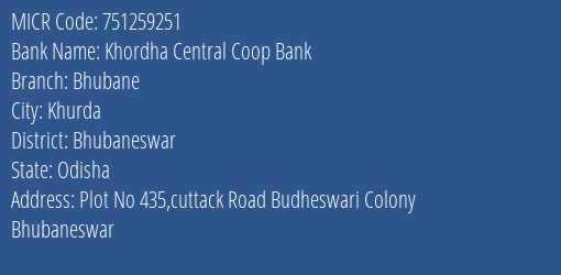 Khordha Central Coop Bank Bhubane MICR Code
