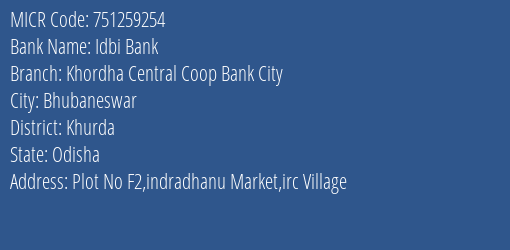 Khordha Central Coop Bank Indradhanu Market MICR Code