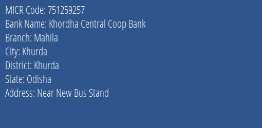 Khordha Central Coop Bank Mahila MICR Code