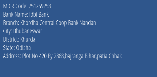 Khordha Central Coop Bank Nandan MICR Code