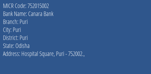 Canara Bank Puri MICR Code