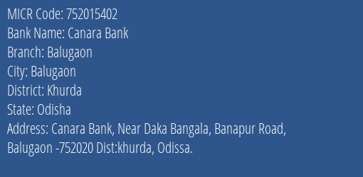 Canara Bank Balugaon MICR Code