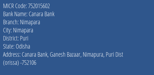 Canara Bank Nimapara MICR Code