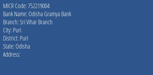 Odisha Gramya Bank Sri Vihar Branch MICR Code