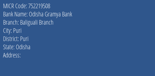 Odisha Gramya Bank Baliguali Branch MICR Code