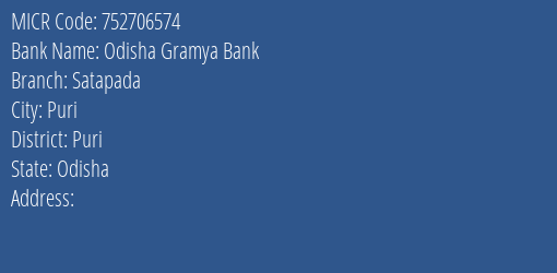 Odisha Gramya Bank Satapada MICR Code