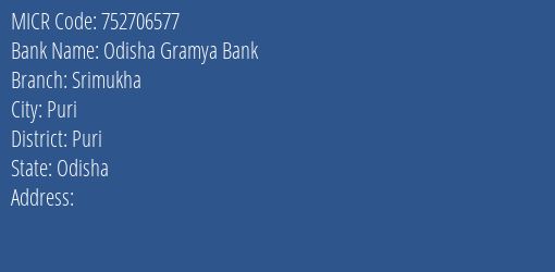 Odisha Gramya Bank Srimukha MICR Code