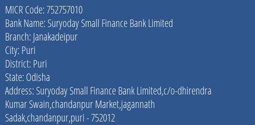 Suryoday Small Finance Bank Limited Janakadeipur MICR Code