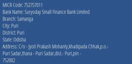 Suryoday Small Finance Bank Limited Samanga MICR Code