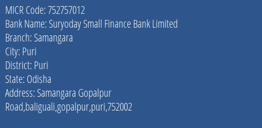 Suryoday Small Finance Bank Limited Samangara MICR Code