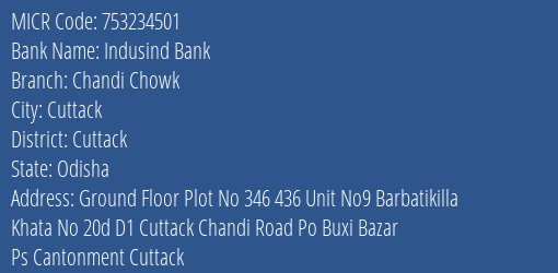 Indusind Bank Chandi Chowk MICR Code