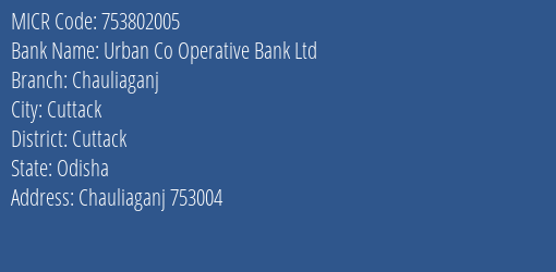 Urban Co Operative Bank Ltd Chauliaganj MICR Code