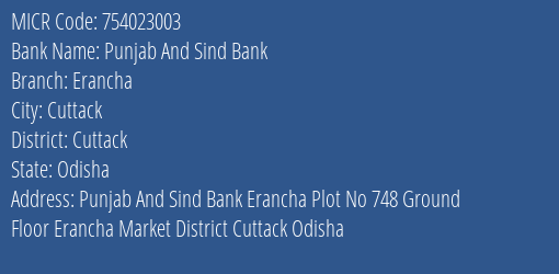 Punjab And Sind Bank Erancha MICR Code