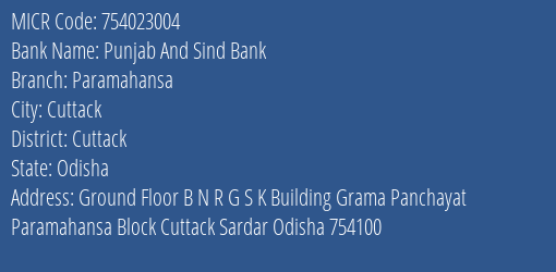 Punjab And Sind Bank Paramahansa MICR Code