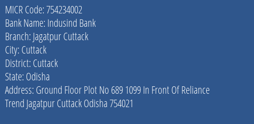 Indusind Bank Jagatpur Cuttack MICR Code