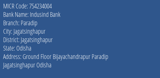 Indusind Bank Paradip MICR Code