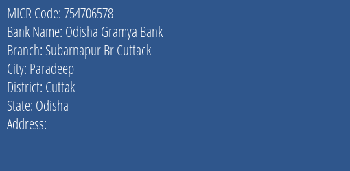 Odisha Gramya Bank Subarnapur Br Cuttack Branch Address Details and MICR Code 754706578