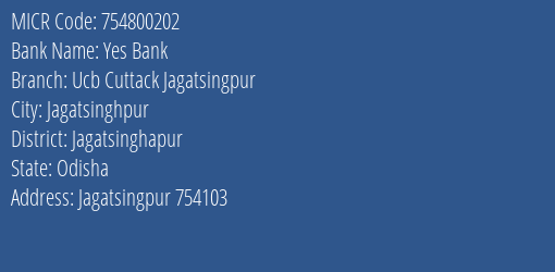Urban Co Operative Bank Ltd Jagatsingpur MICR Code