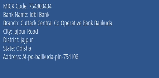 Cuttack Central Cooperative Bank Balikuda Branch Address Details and MICR Code 754800404