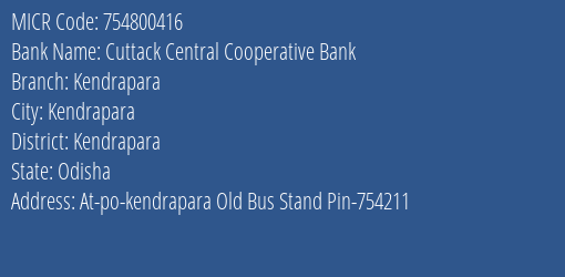 Cuttack Central Cooperative Bank Kendrapara MICR Code