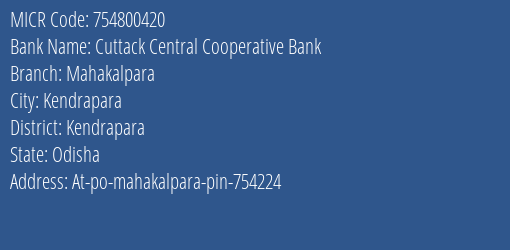 Cuttack Central Cooperative Bank Mahakalpara MICR Code