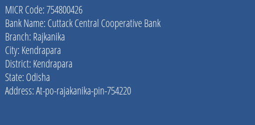 Cuttack Central Cooperative Bank Rajkanika MICR Code