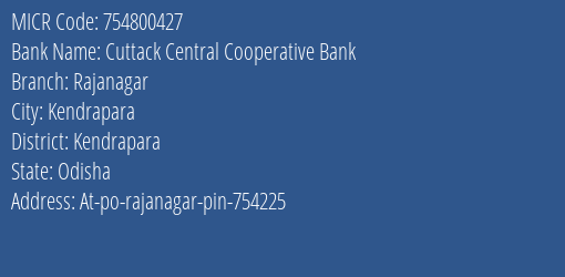 Cuttack Central Cooperative Bank Rajanagar MICR Code