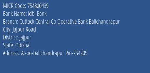 Cuttack Central Cooperative Bank Balichandrapur Branch Address Details and MICR Code 754800439