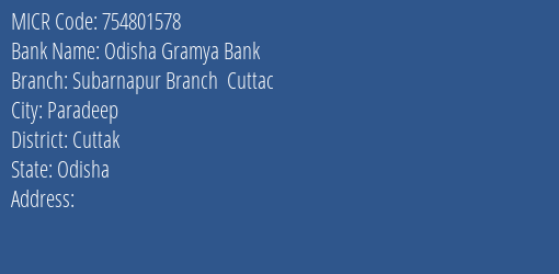 Odisha Gramya Bank Subarnapur Branch Cuttac Branch Address Details and MICR Code 754801578