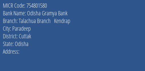 Odisha Gramya Bank Talachua Branch Kendrap Branch Address Details and MICR Code 754801580