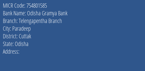 Odisha Gramya Bank Telengapentha Branch Branch Address Details and MICR Code 754801585