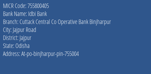Cuttack Central Cooperative Bank Binjharpur MICR Code