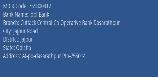 Cuttack Central Cooperative Bank Dasarathpur Branch Address Details and MICR Code 755800412