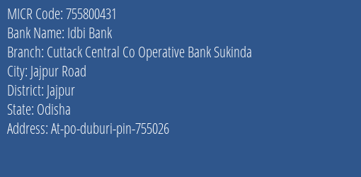 Cuttack Central Cooperative Bank Sukinda Branch Address Details and MICR Code 755800431