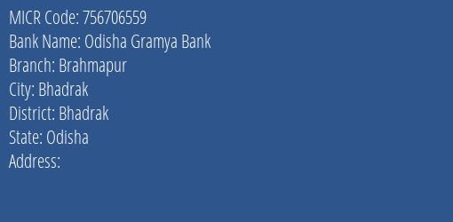 Odisha Gramya Bank Brahmapur Branch Address Details and MICR Code 756706559