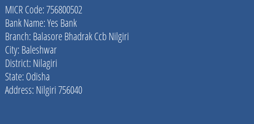 Balasore Bhadrak Central Cooperative Bank Nilgiri MICR Code