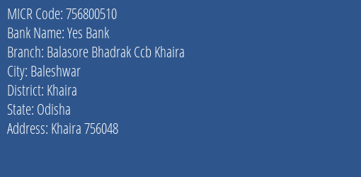 Balasore Bhadrak Central Cooperative Bank Khaira MICR Code
