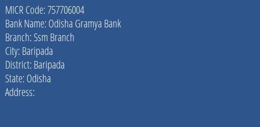 Odisha Gramya Bank Ssm Branch Branch Address Details and MICR Code 757706004