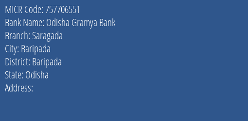 Odisha Gramya Bank Saragada Branch Address Details and MICR Code 757706551