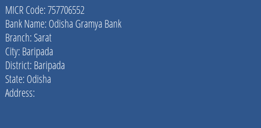Odisha Gramya Bank Sarat Branch Address Details and MICR Code 757706552